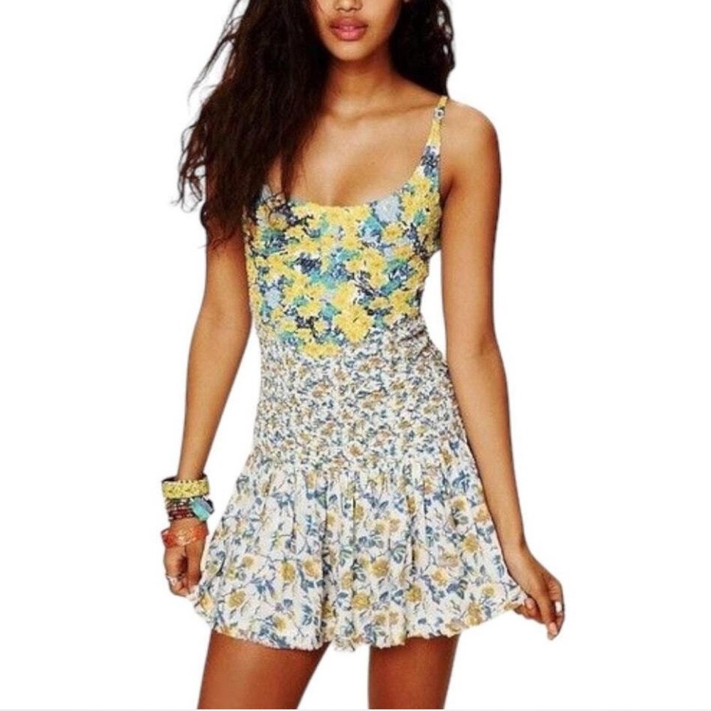 Free People Floral Yellow and Blue Women's Dress Size Small